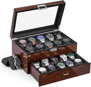 2-layer Faux Leather Watch Box with 20 Slots & Glass Top, Brown