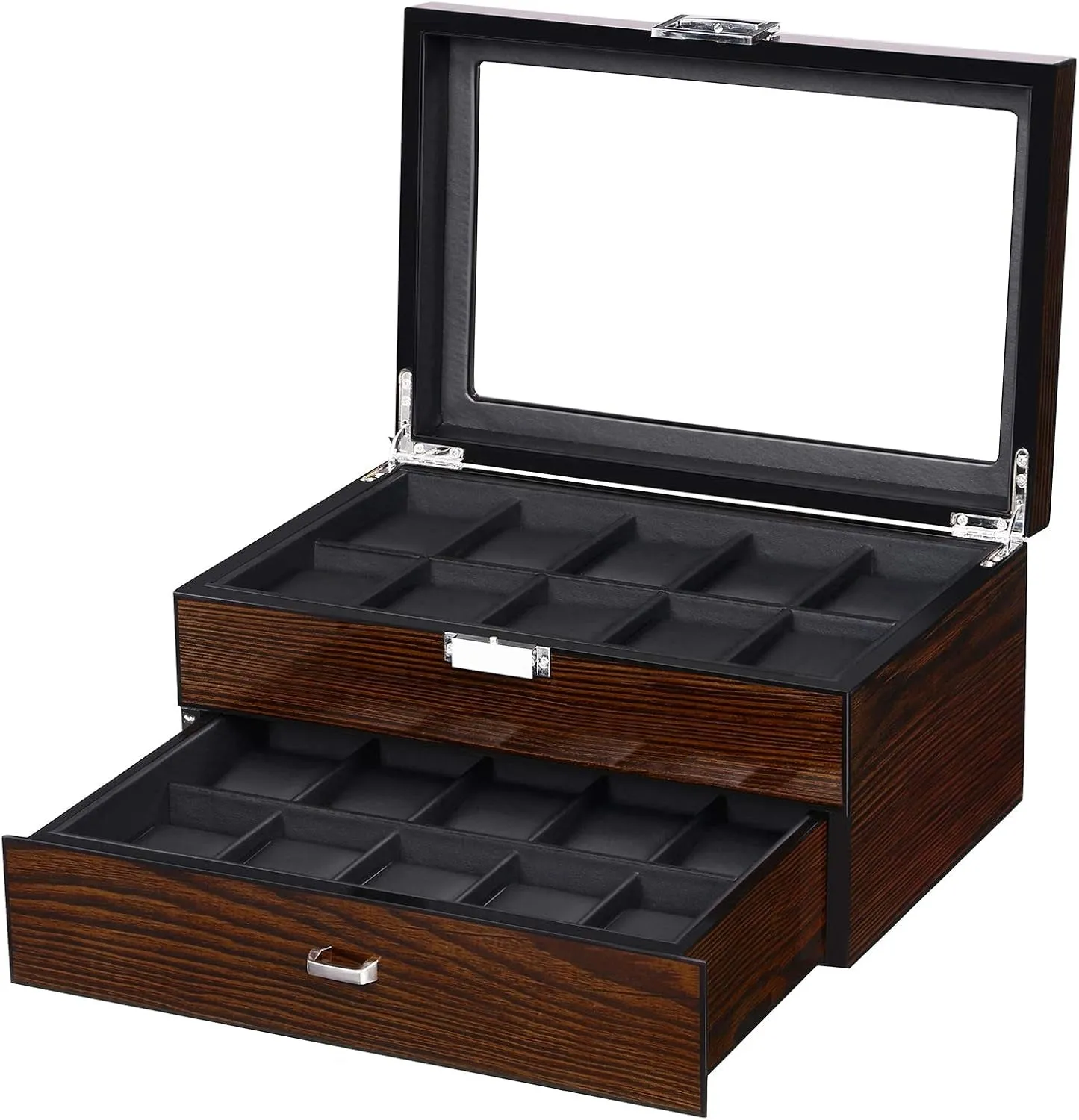 2-layer Faux Leather Watch Box with 20 Slots & Glass Top, Brown