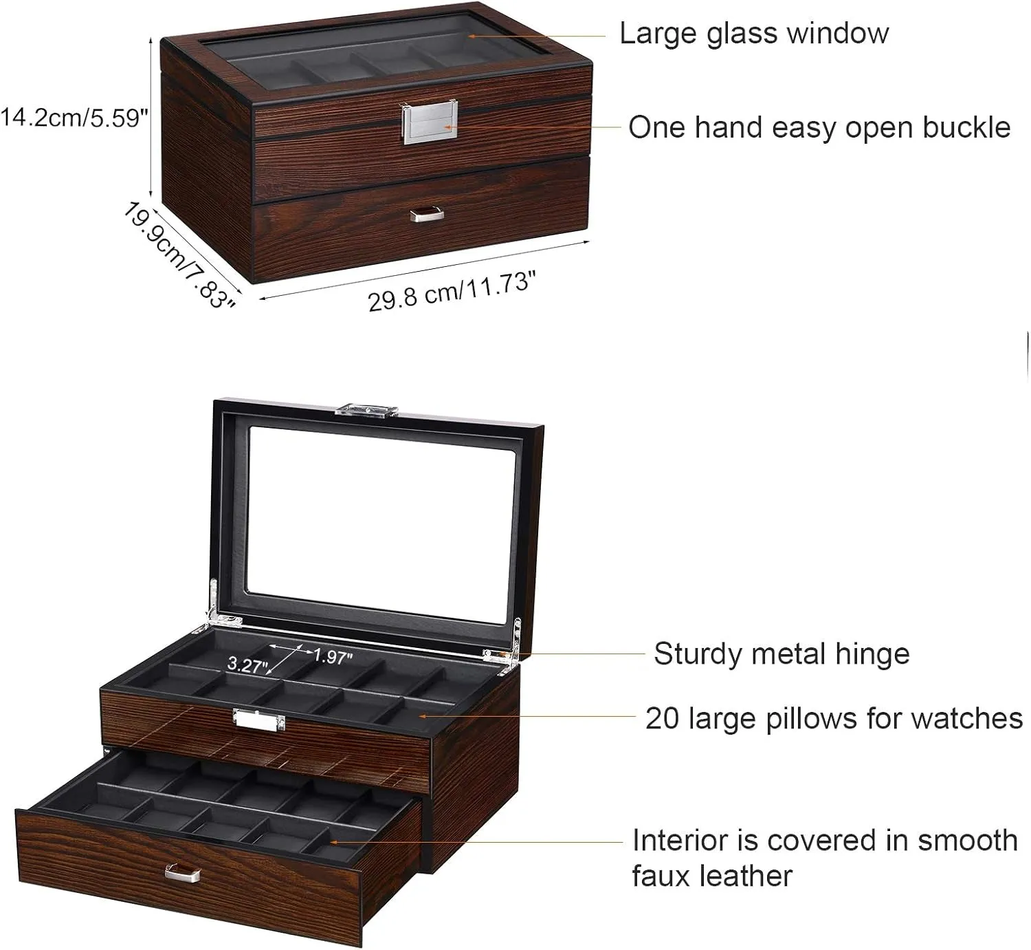 2-layer Faux Leather Watch Box with 20 Slots & Glass Top, Brown