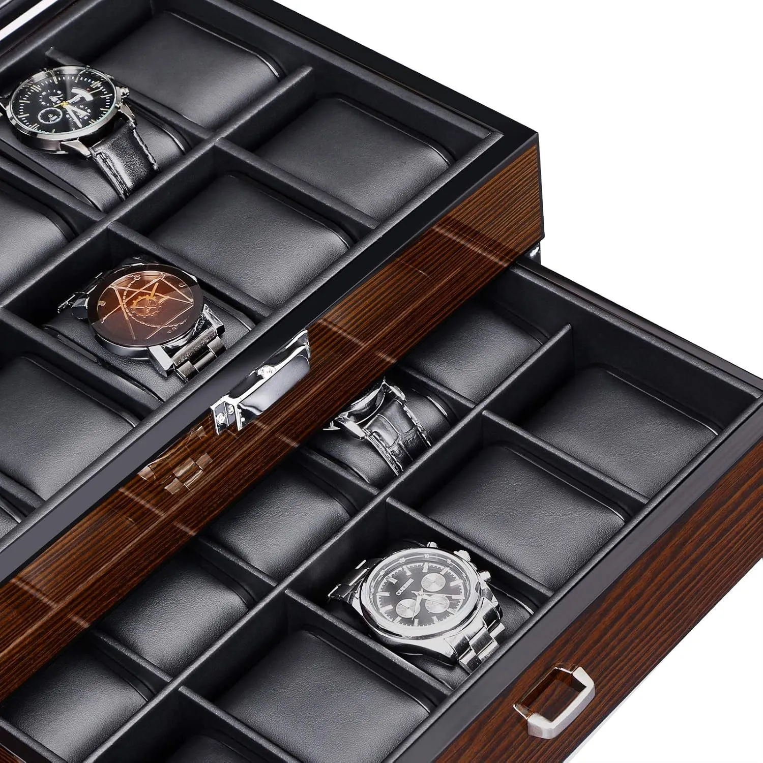 2-layer Faux Leather Watch Box with 20 Slots & Glass Top, Brown
