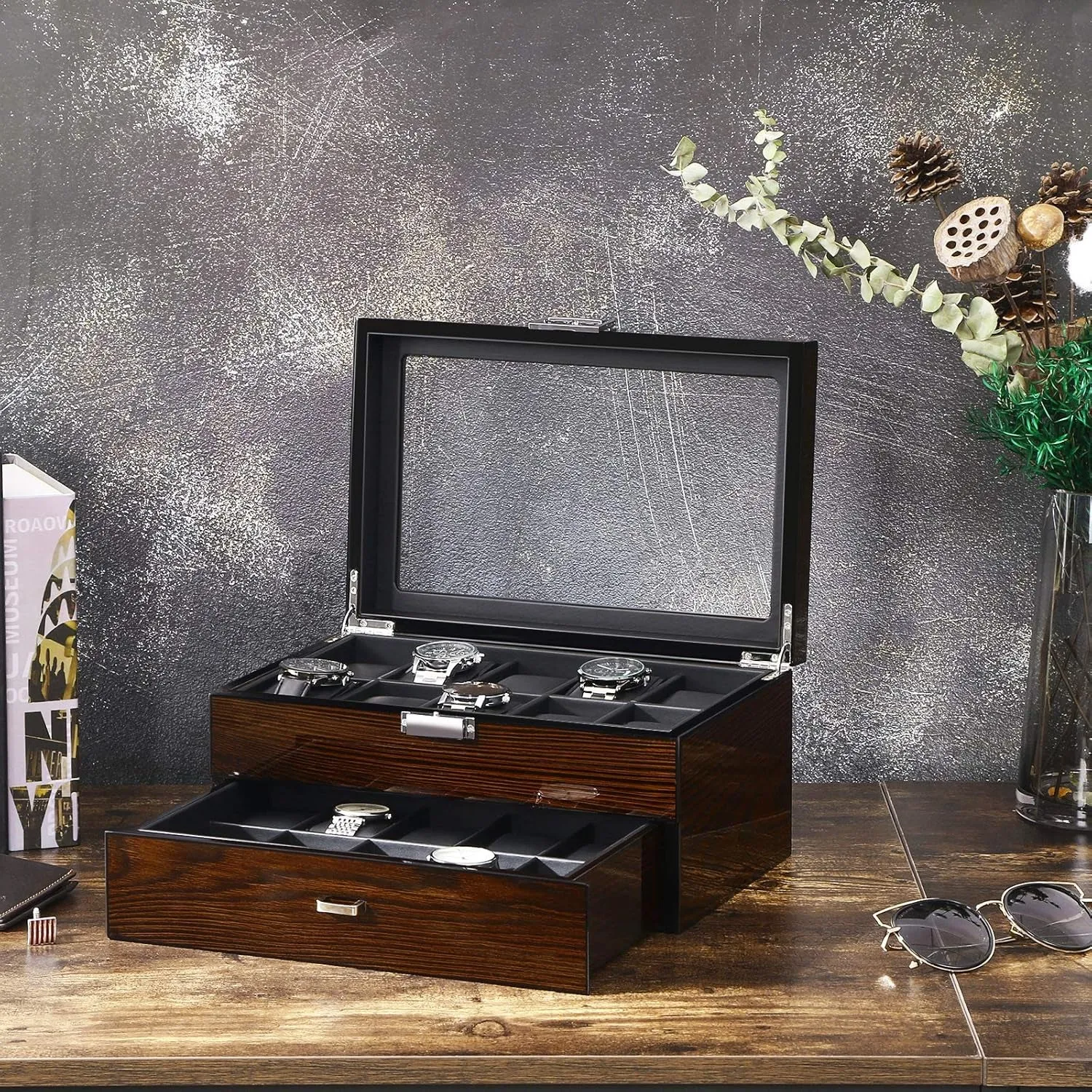 2-layer Faux Leather Watch Box with 20 Slots & Glass Top, Brown