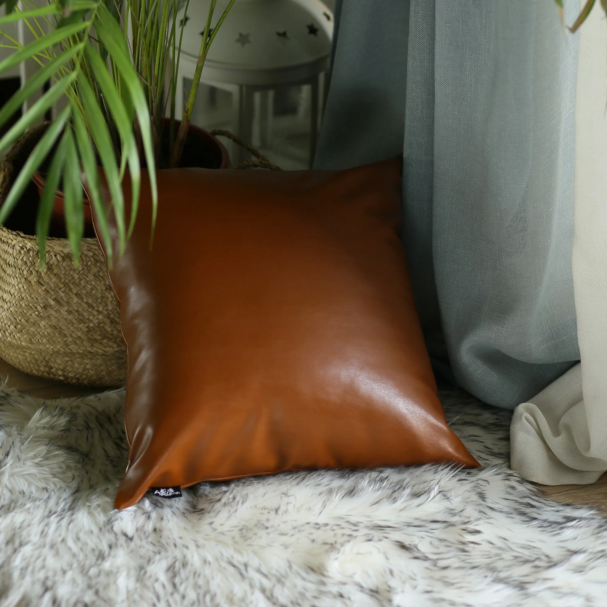 20" x 20" Solid Brown Faux Leather Decorative Pillow Cover