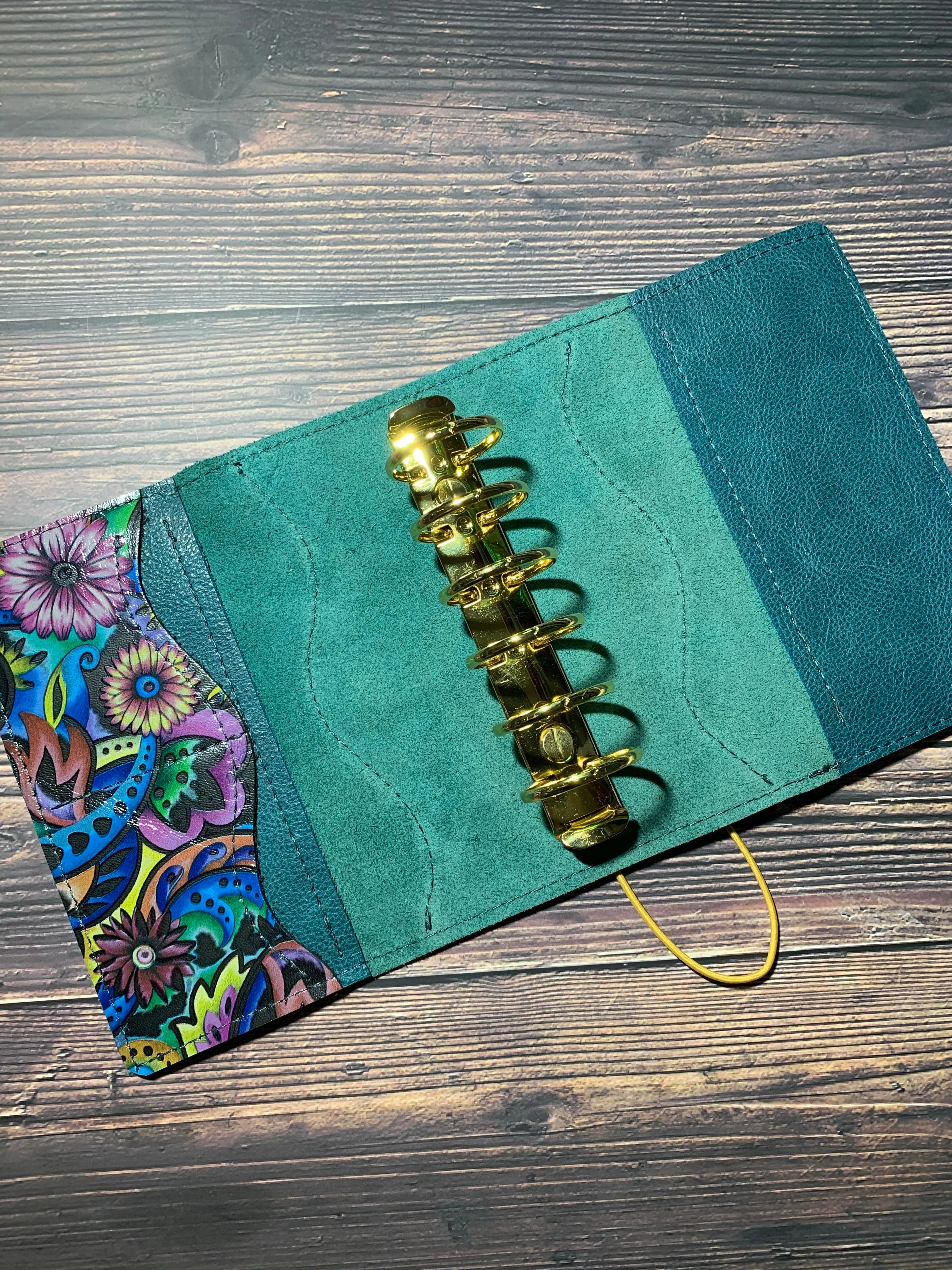 30cm Gold Pocket Rings - Turquoise Soft Pebbled Leather w/ Wildflower Leather Spine