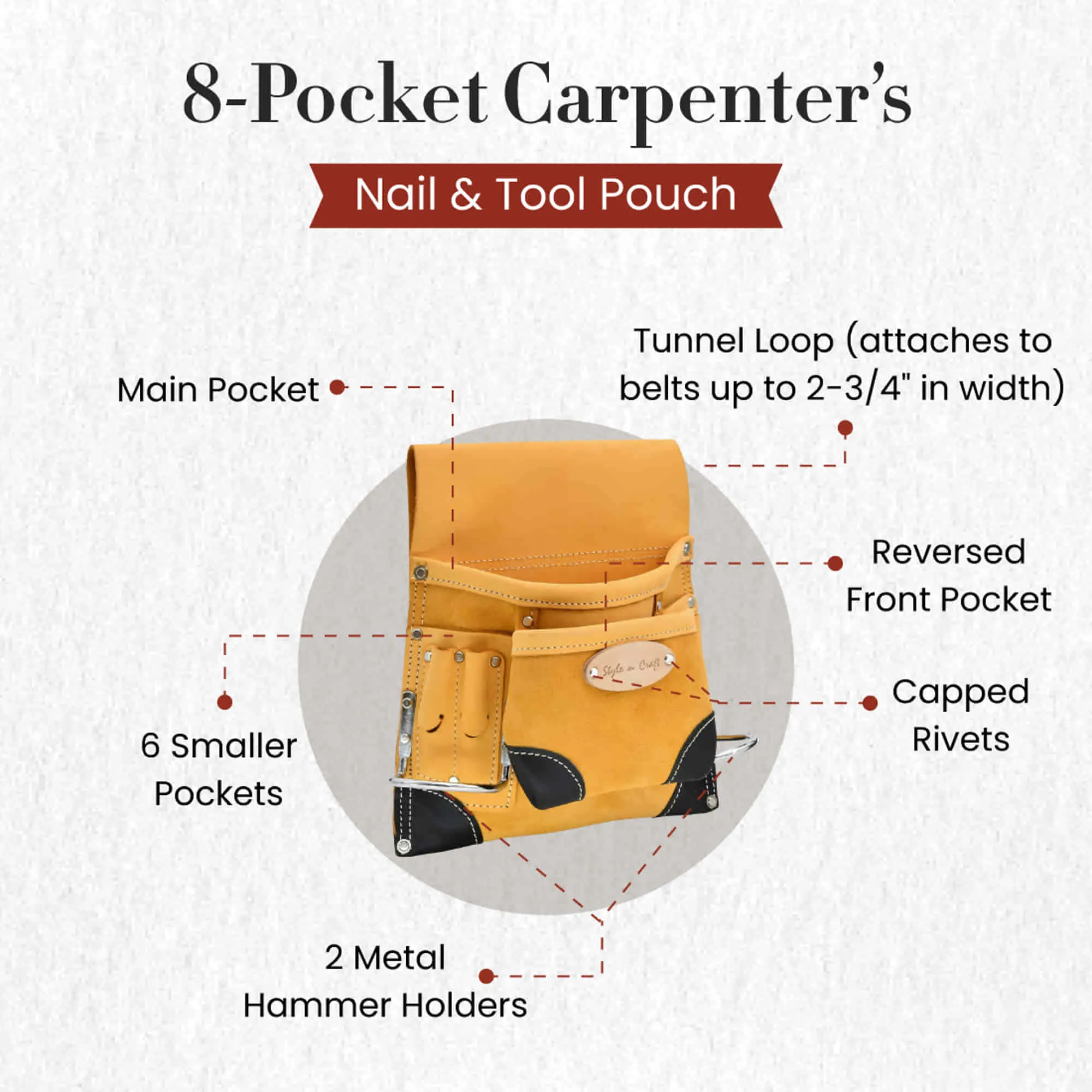 93823 - 8 Pocket Carpenter's Nail & Tool Pouch in Full Grain Leather | Style n Craft