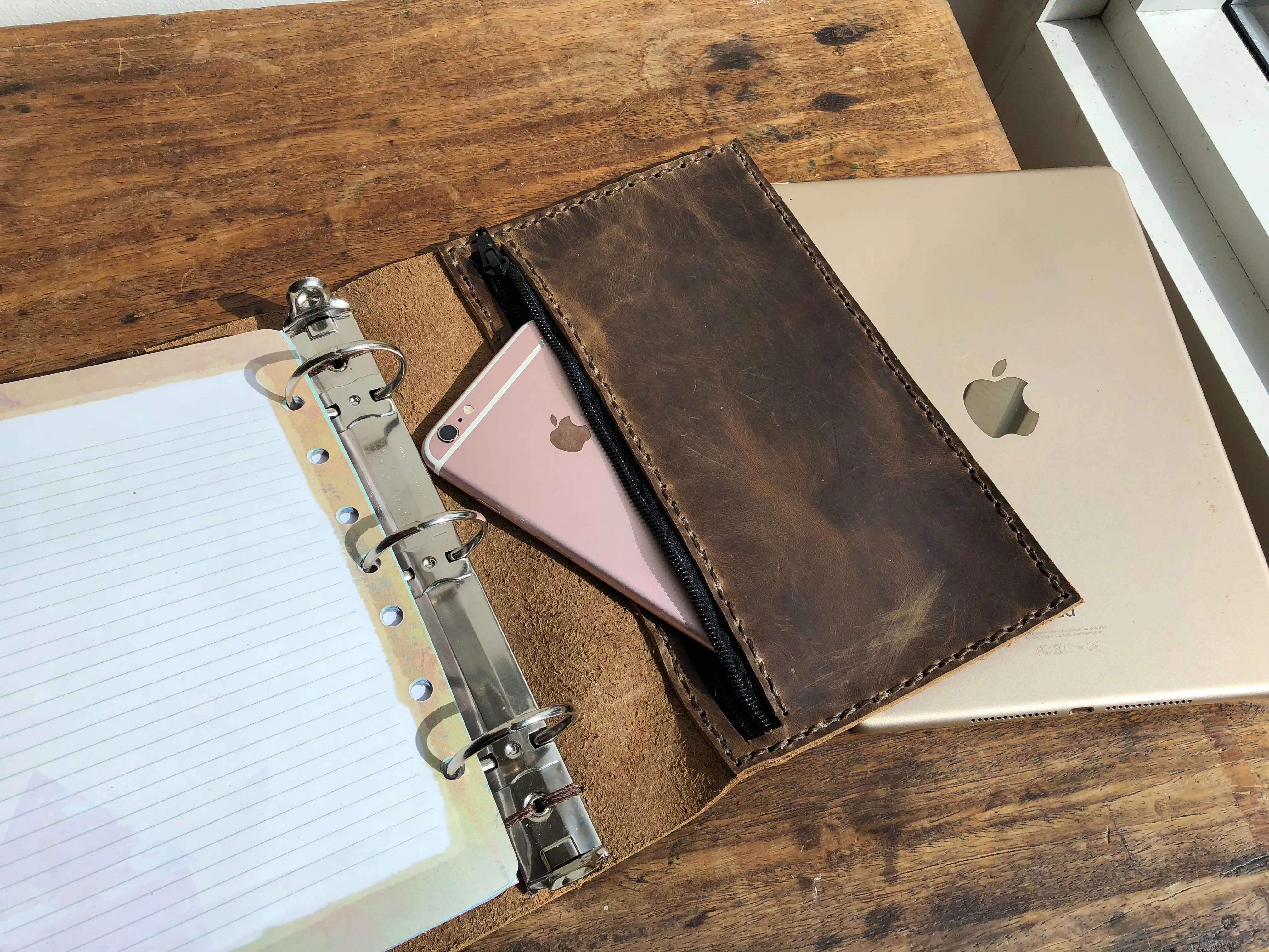 A5 planner, 3 ring binder, Leather a5 notebook, iPad mini pocket organizer