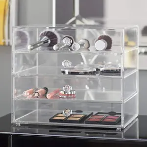 Acrylic Plastic Handcrafted Transparent Clear 4 Tier Drawer Storage Organizer Case for Jewelry Makeup & Cosmetic Oversized 12.7L x 9.8W x 10.9H Inches