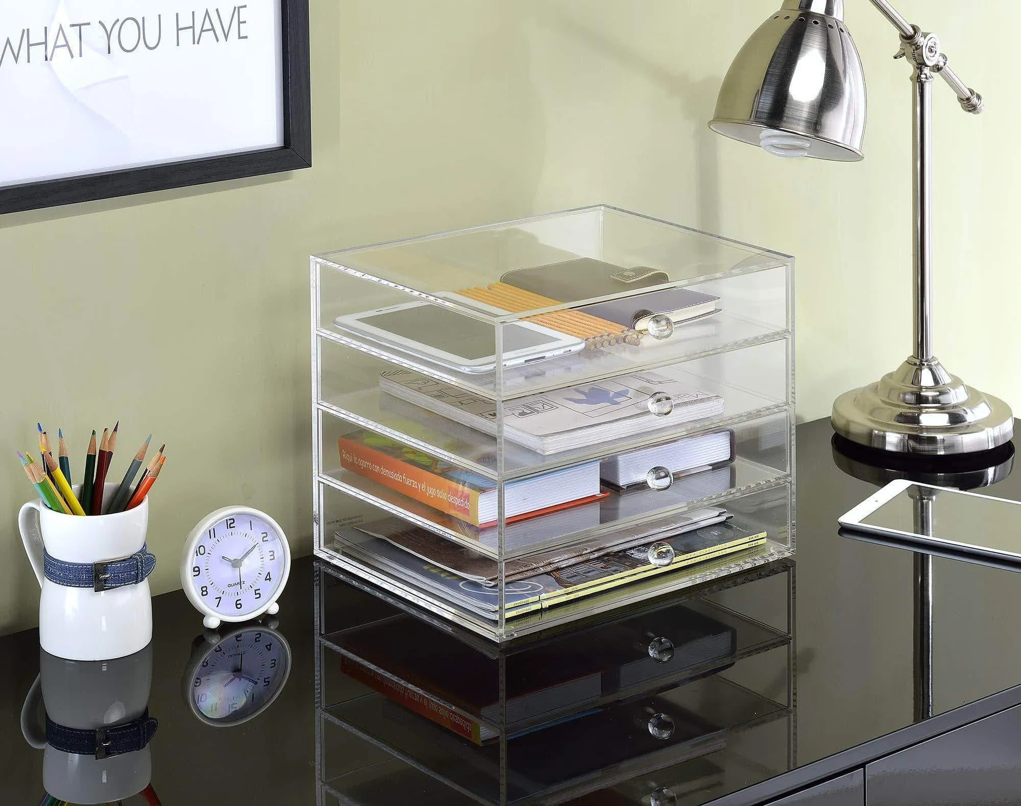 Acrylic Plastic Handcrafted Transparent Clear 4 Tier Drawer Storage Organizer Case for Jewelry Makeup & Cosmetic Oversized 12.7L x 9.8W x 10.9H Inches