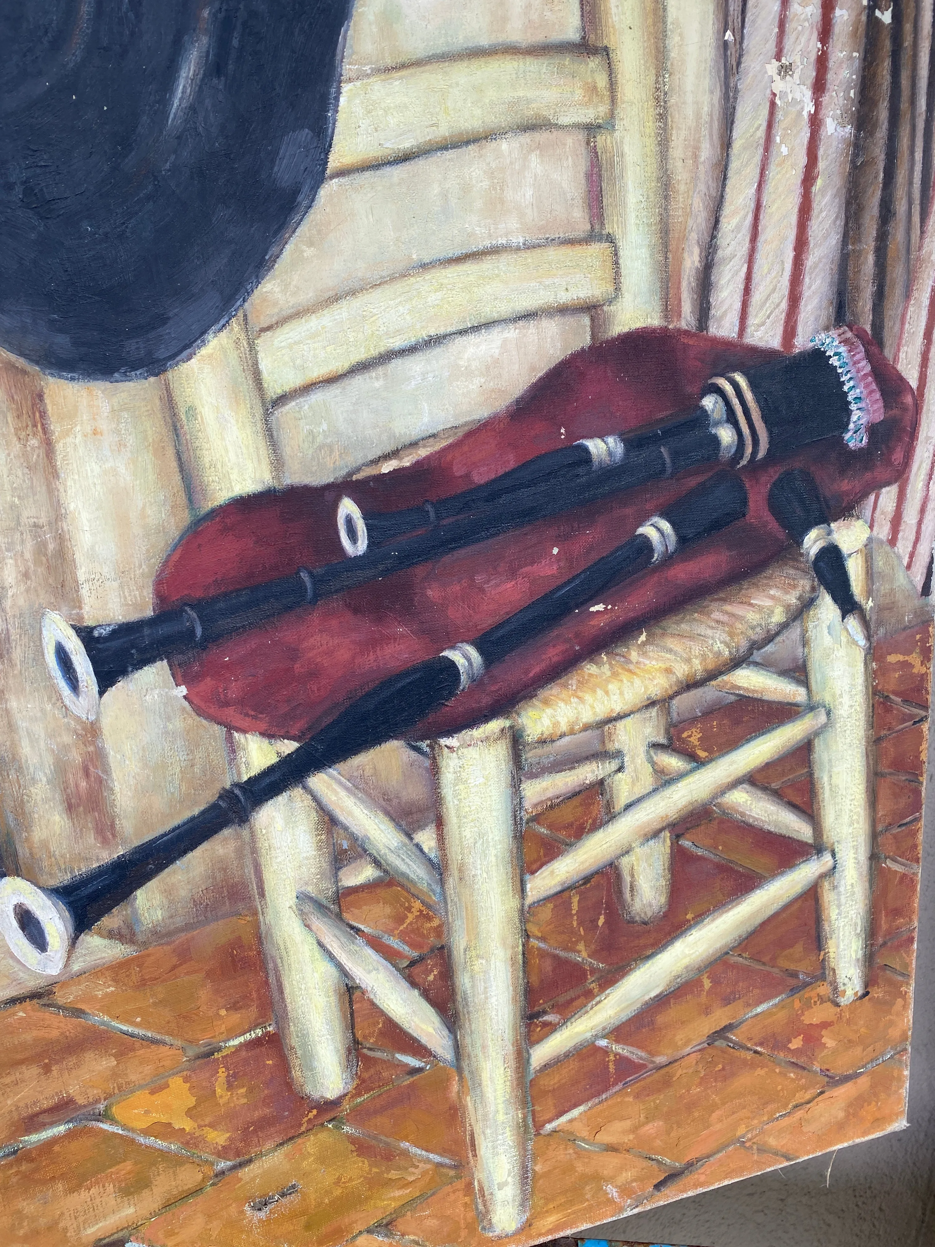 Antique Distressed French Painting of Bagpipes & Chair