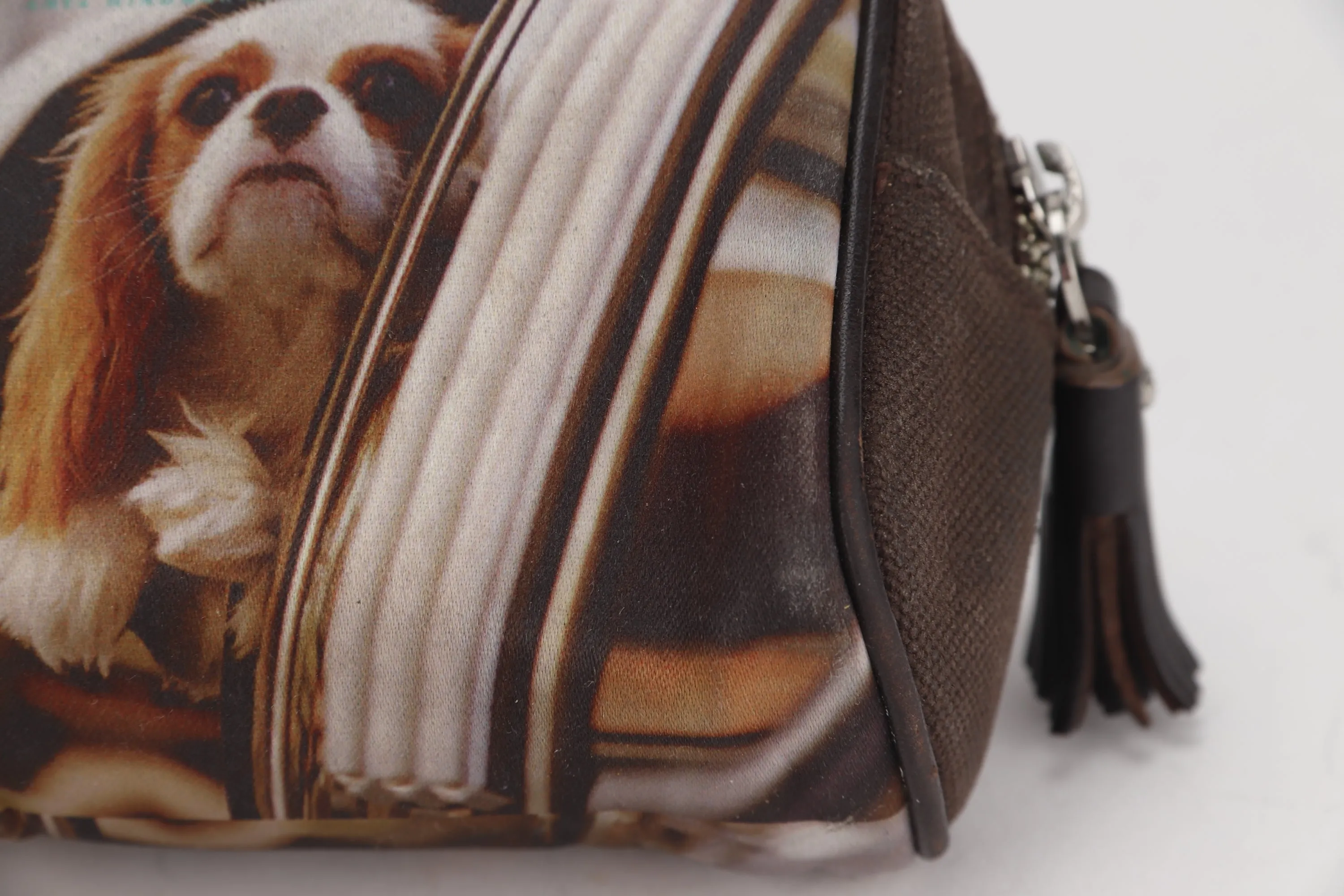 ANYA HINDMARCH DARK BROWN COLOR SMALL POUCH WITH DOG PRINTS, NO DUST COVER