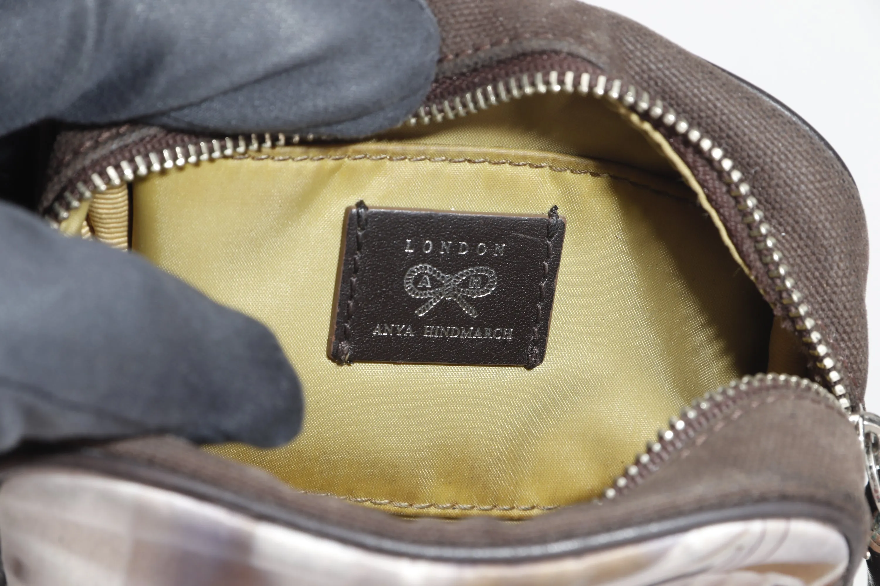 ANYA HINDMARCH DARK BROWN COLOR SMALL POUCH WITH DOG PRINTS, NO DUST COVER