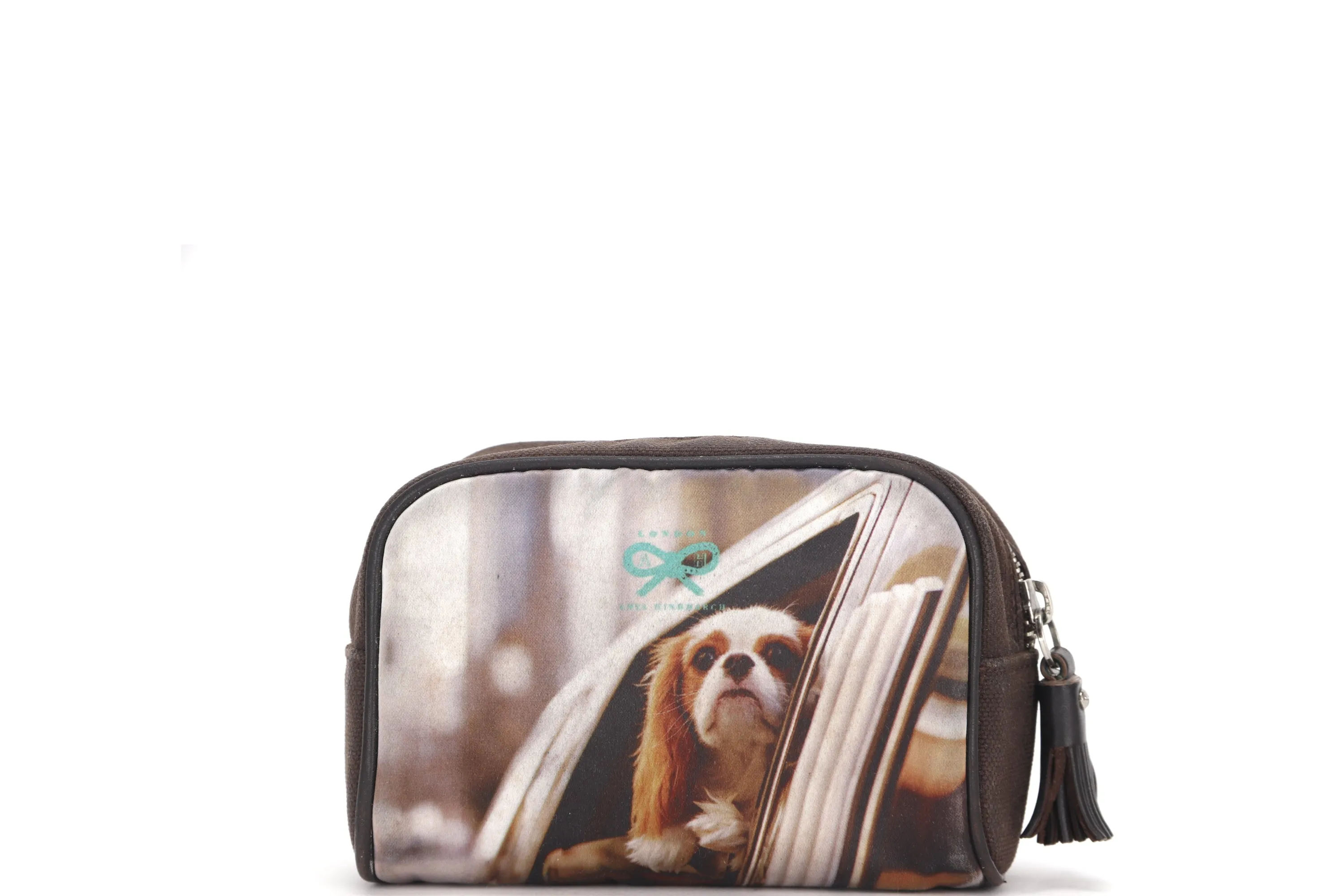 ANYA HINDMARCH DARK BROWN COLOR SMALL POUCH WITH DOG PRINTS, NO DUST COVER