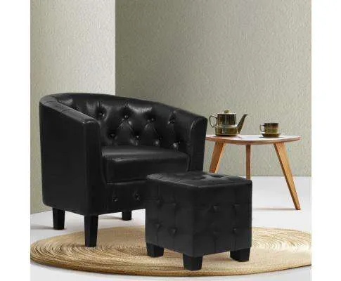 Armchair Lounge Chair Ottoman Tub Accent Chairs PU Leather Sofa Armchairs Black
