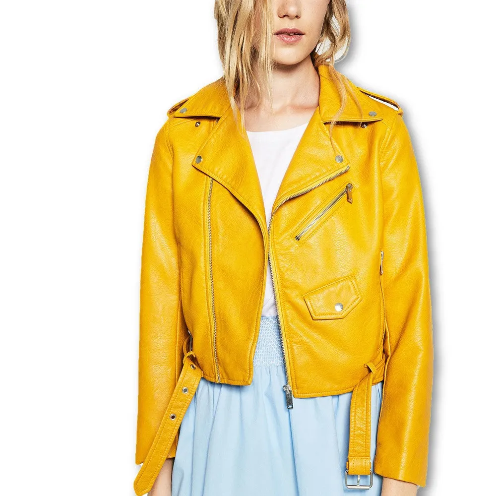 Autumn Fashion Street Women's Short Washed PU Leather Jacket Zipper Bright Colors Ladies Basic Jackets Good Quality