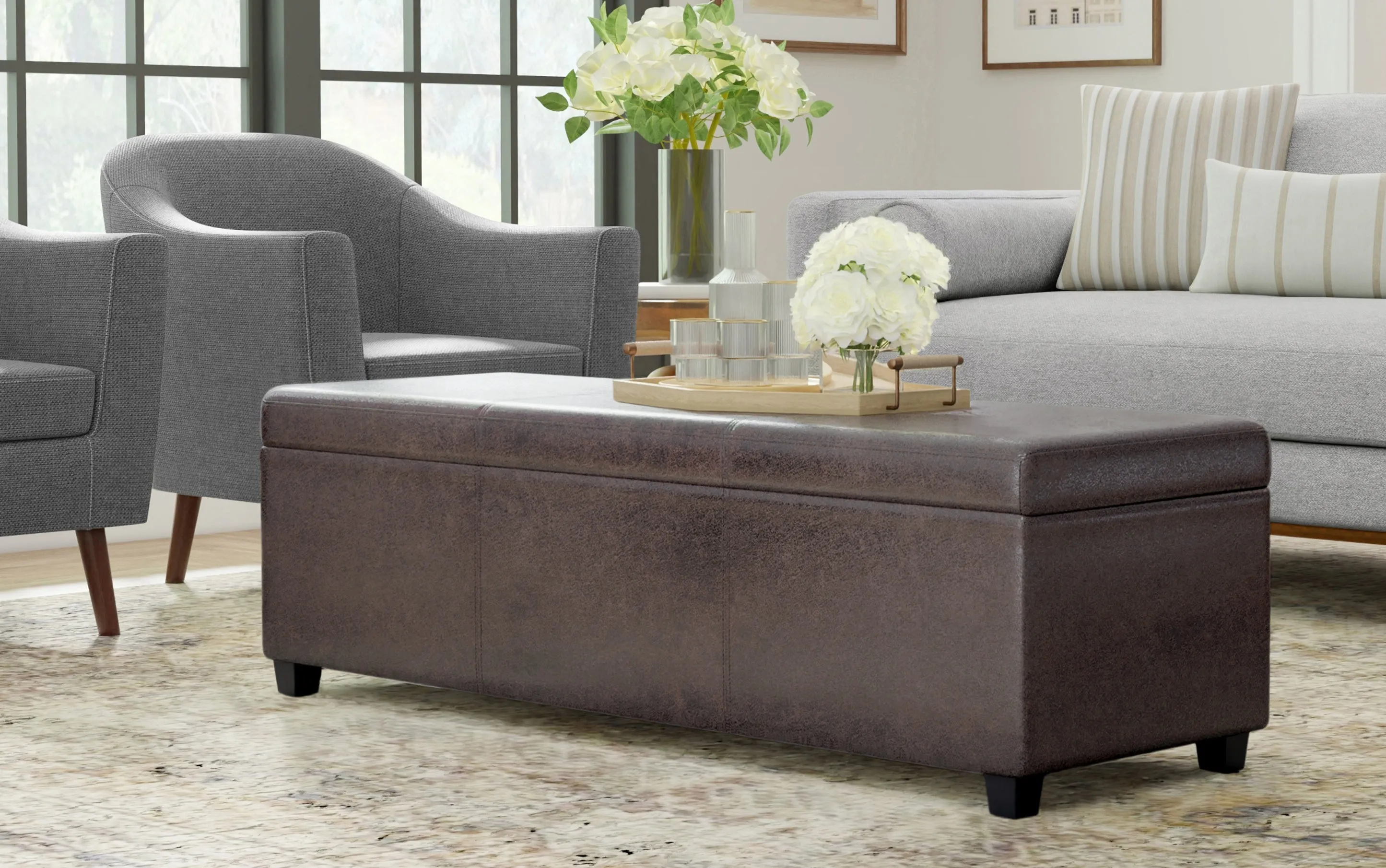 Avalon Extra Large Storage Ottoman in Distressed Vegan Leather