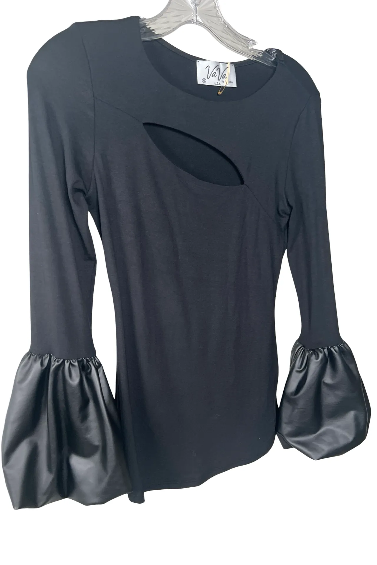 Black Faux Leather Bubble Sleeve Top