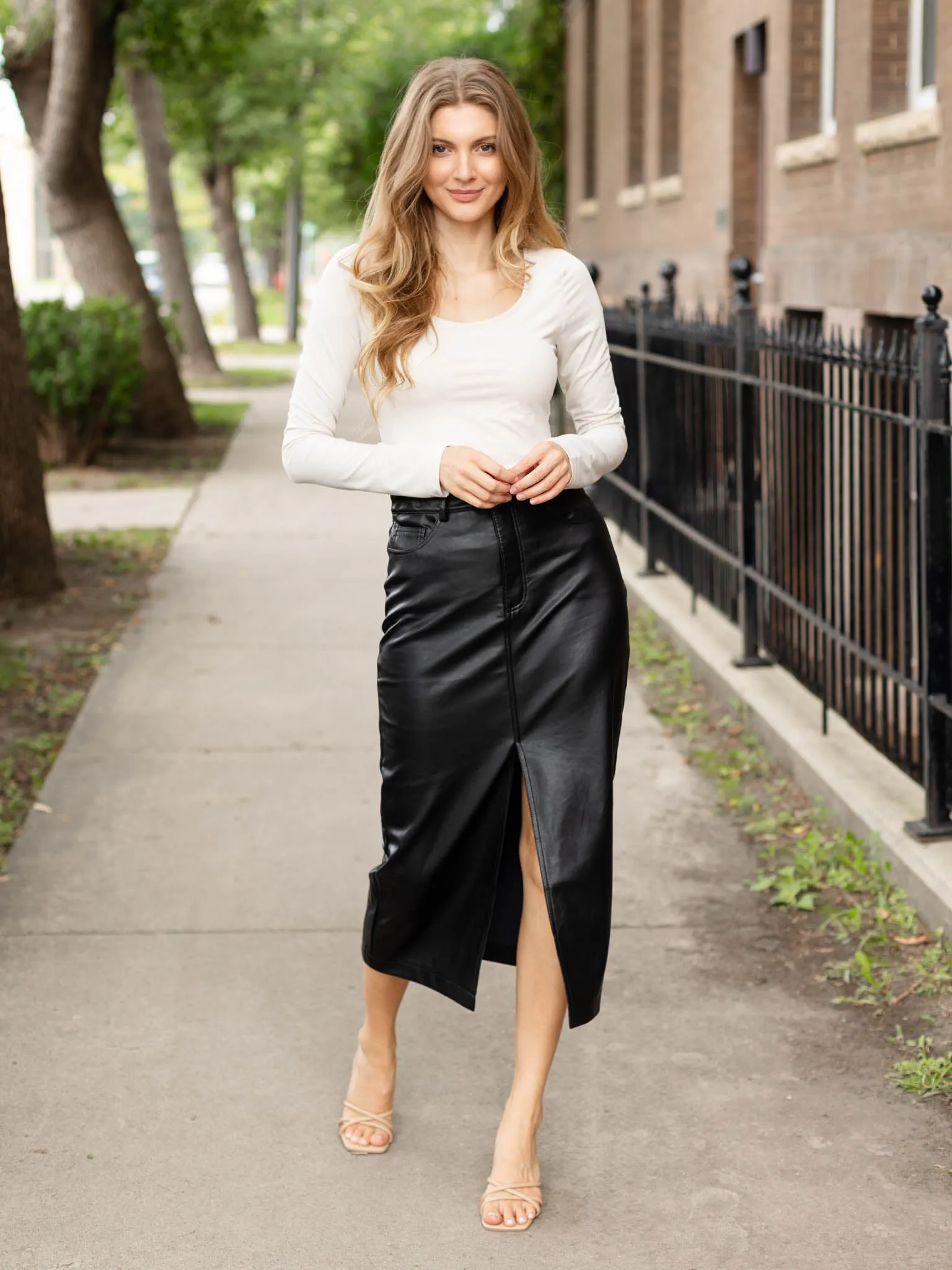 Black Tape Faux Leather Midi Skirt