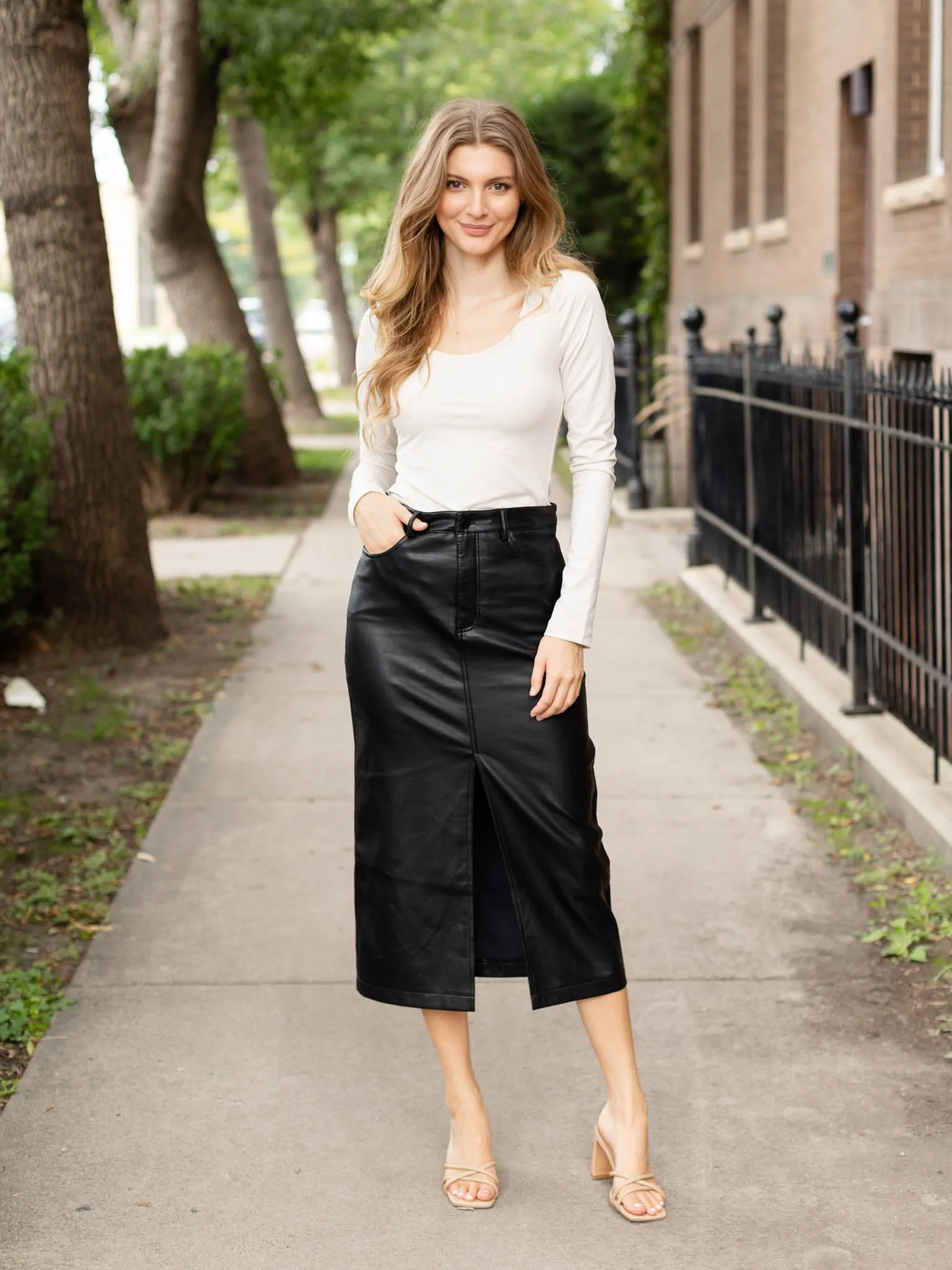 Black Tape Faux Leather Midi Skirt
