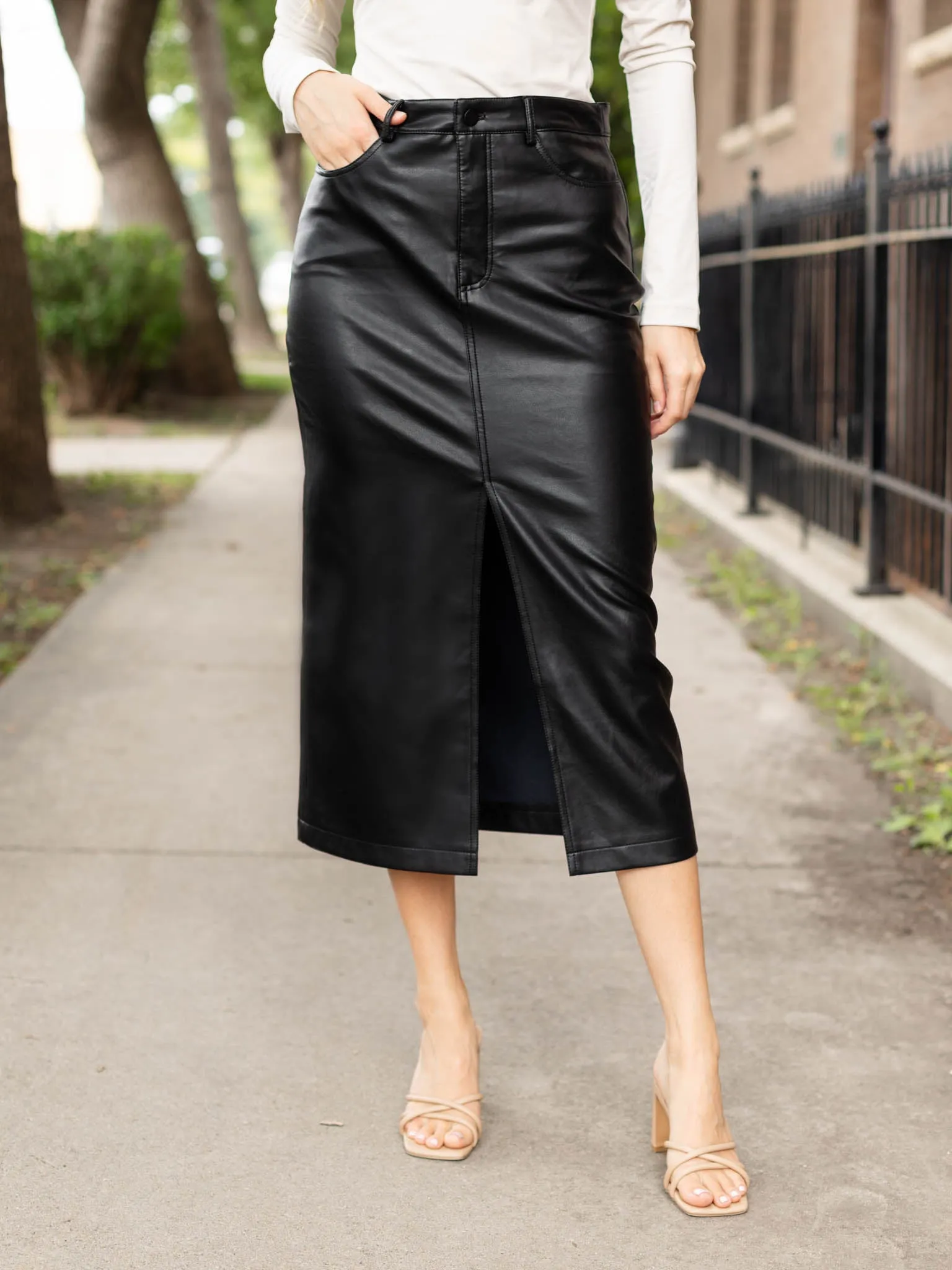 Black Tape Faux Leather Midi Skirt