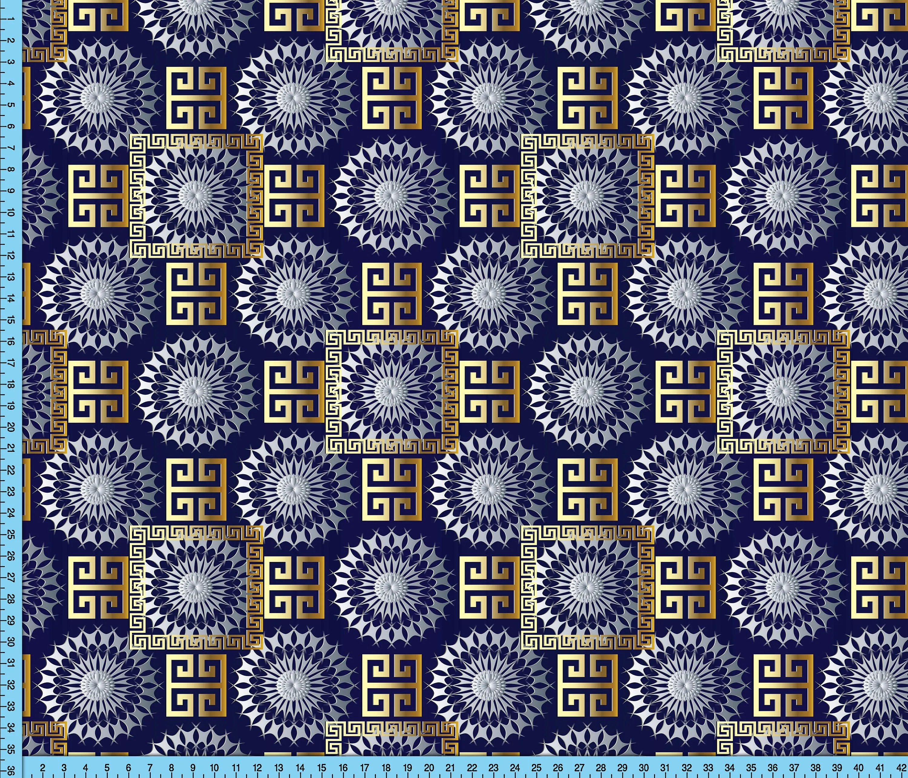 Blue and Gold Baroque Fabric By the Yard, Choice of 10 Fabrics featuring Geometric pattern on Navy Background