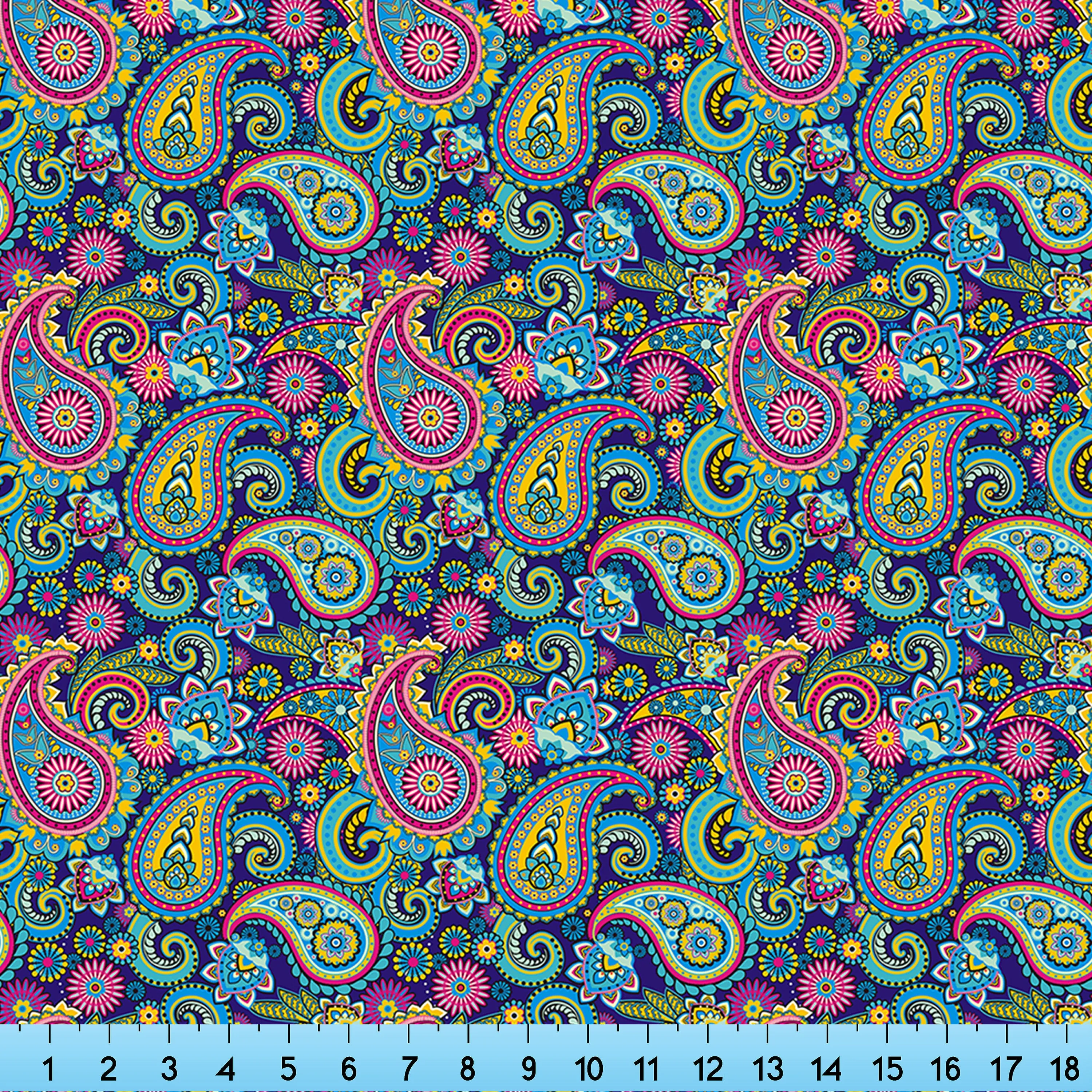 Blue Pink Paisley Fabric Printed By the Yard, Half Yard or Fat Quarter