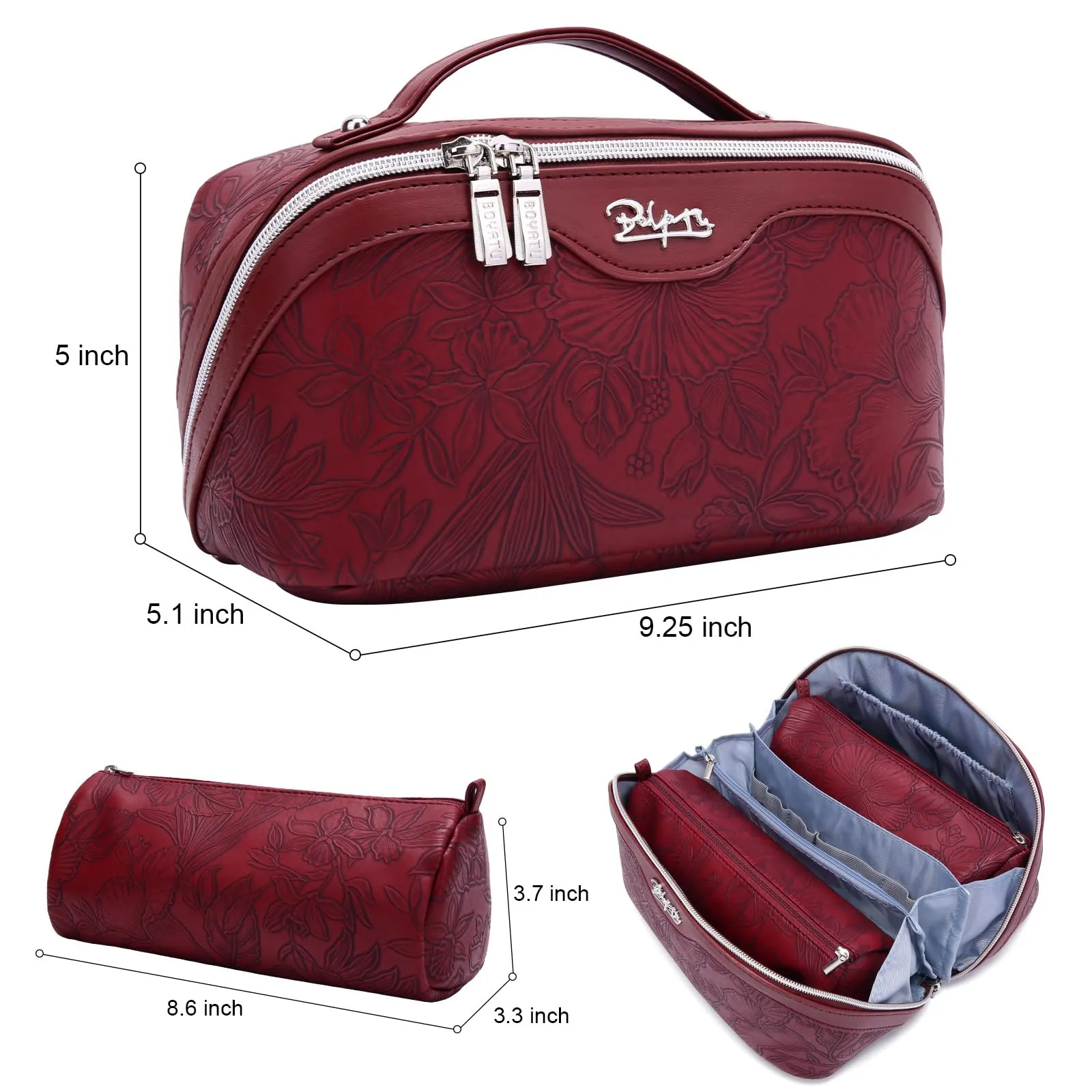 BOYATU Travel Makeup Bags Cosmetic Organizer Bag: 3-Set Large Capacity Make up Bag - PU Leather Toiletry Bags for Women - Wide Open Portable Pouch with Divider & Handle (02-Dark Red)