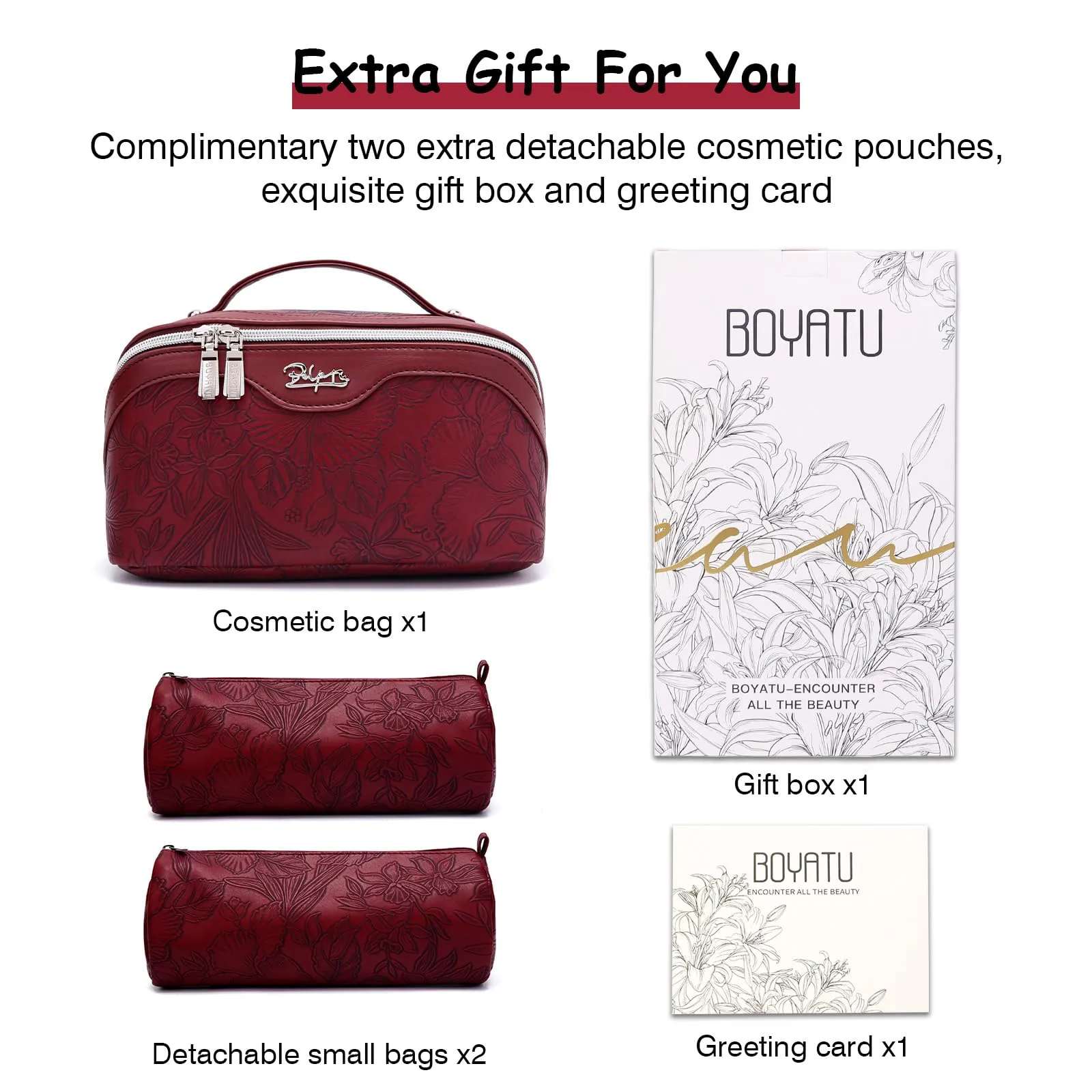 BOYATU Travel Makeup Bags Cosmetic Organizer Bag: 3-Set Large Capacity Make up Bag - PU Leather Toiletry Bags for Women - Wide Open Portable Pouch with Divider & Handle (02-Dark Red)