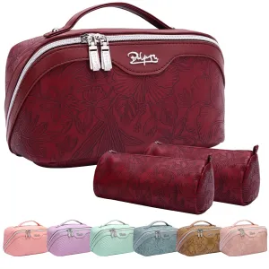 BOYATU Travel Makeup Bags Cosmetic Organizer Bag: 3-Set Large Capacity Make up Bag - PU Leather Toiletry Bags for Women - Wide Open Portable Pouch with Divider & Handle (02-Dark Red)