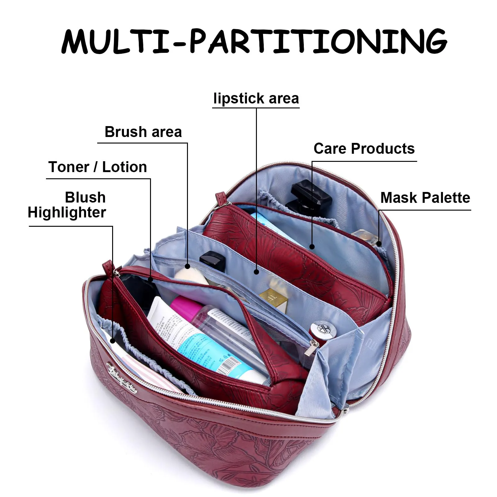 BOYATU Travel Makeup Bags Cosmetic Organizer Bag: 3-Set Large Capacity Make up Bag - PU Leather Toiletry Bags for Women - Wide Open Portable Pouch with Divider & Handle (02-Dark Red)