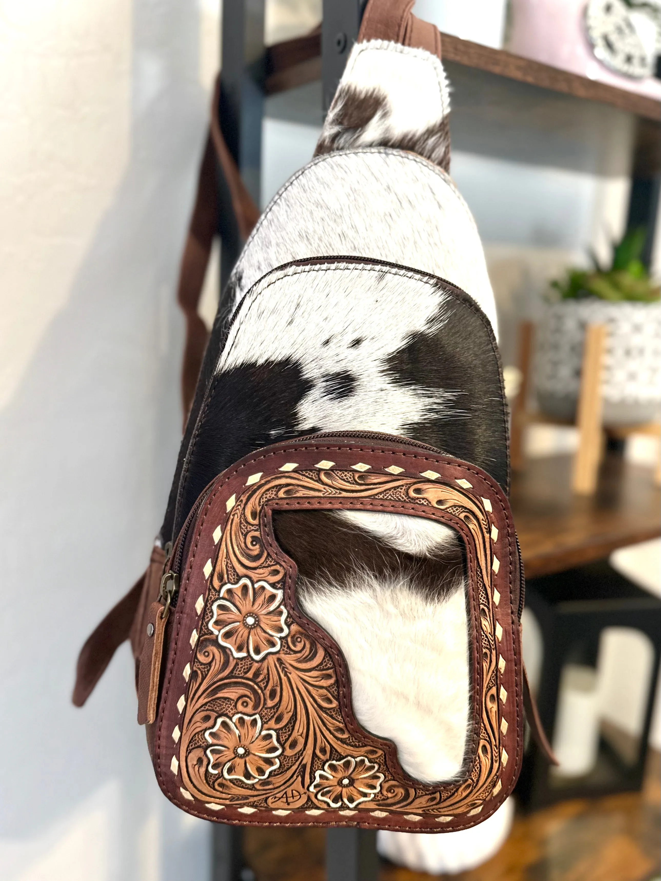 Brown Pattern Cowhide Floral Tooled Swatch Leather Western Backpack
