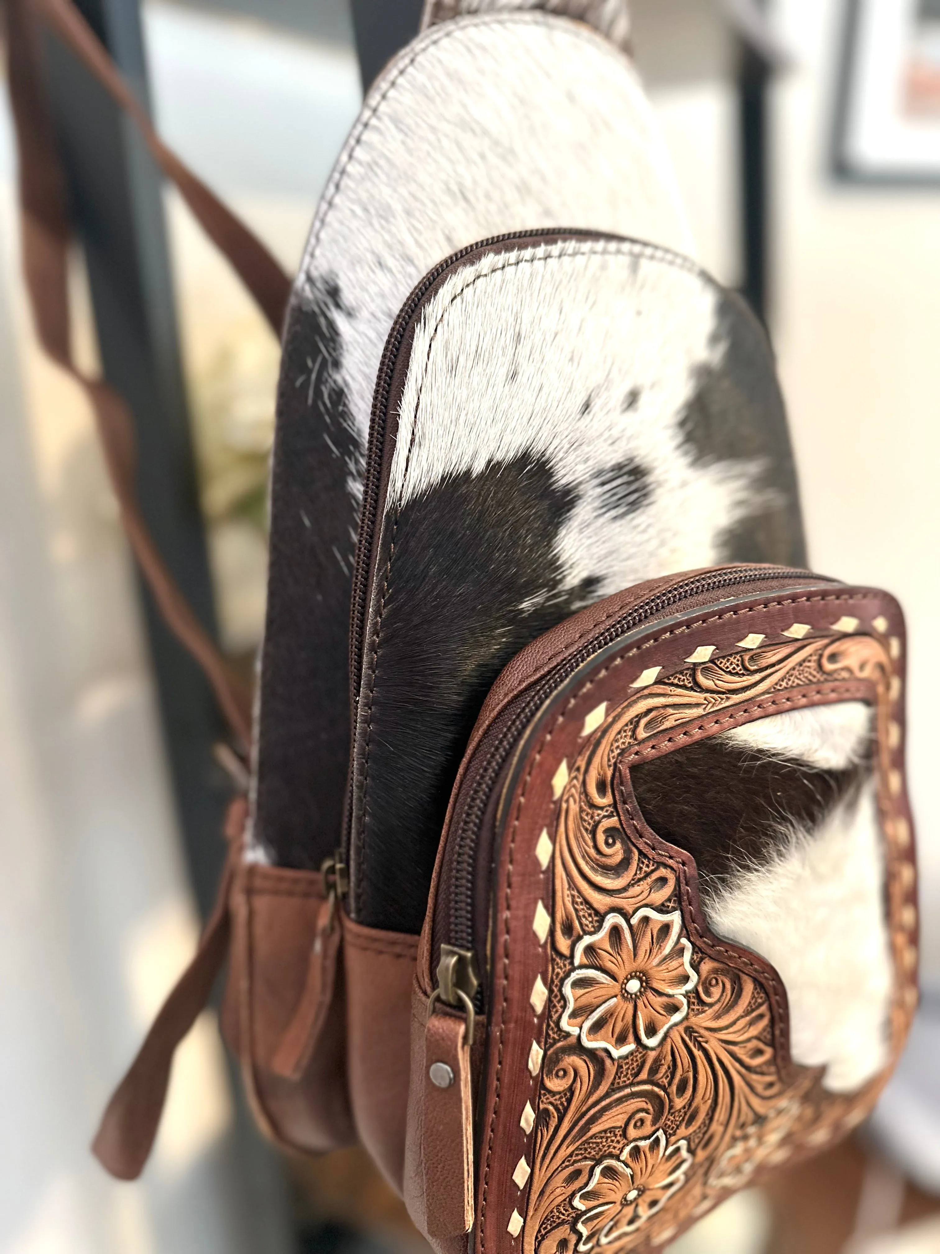 Brown Pattern Cowhide Floral Tooled Swatch Leather Western Backpack
