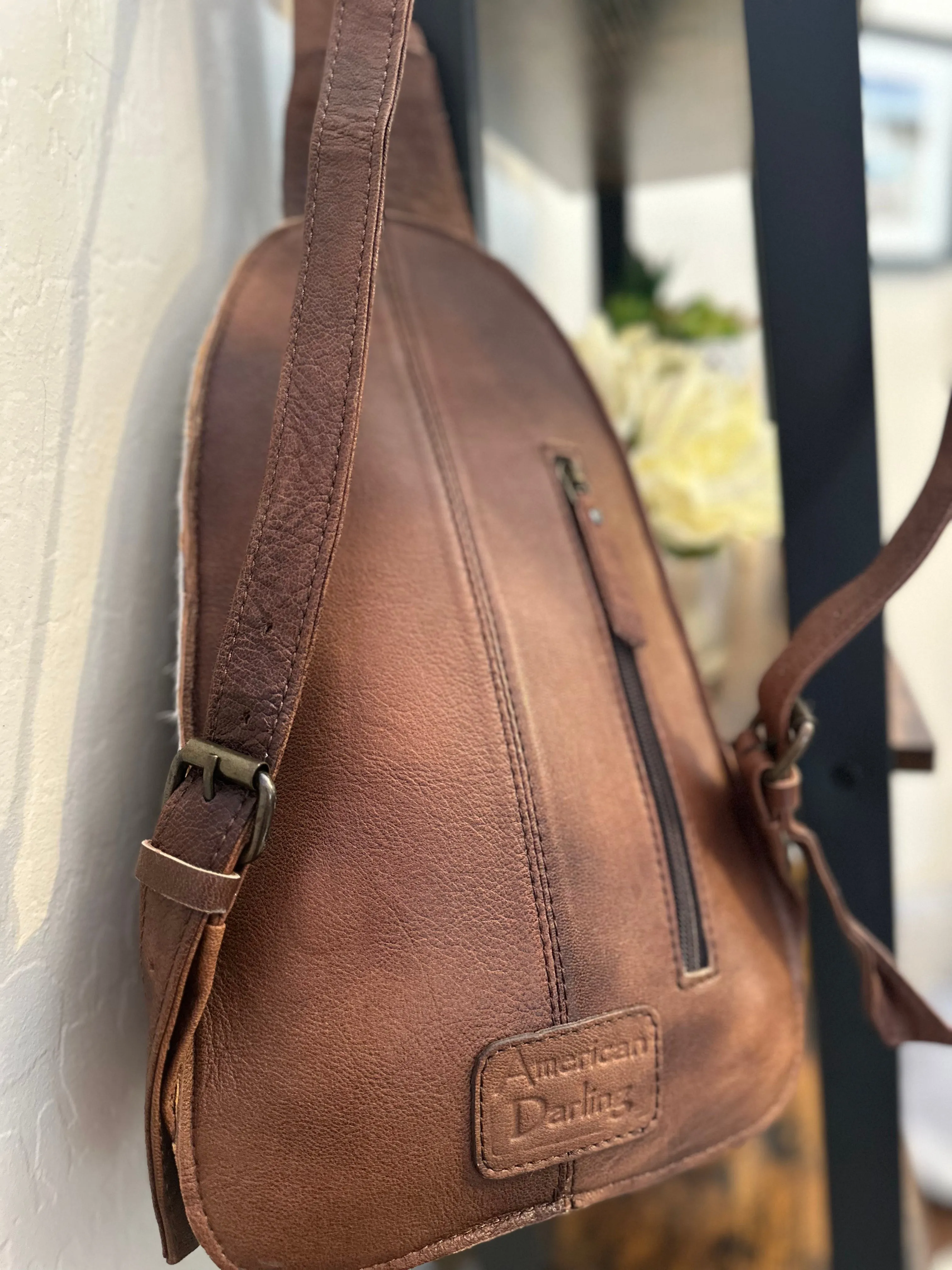 Brown Pattern Cowhide Floral Tooled Swatch Leather Western Backpack