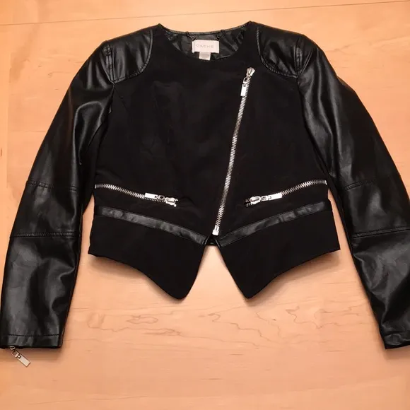 Cache Black Faux Leather and Nylon Jacket Sz L