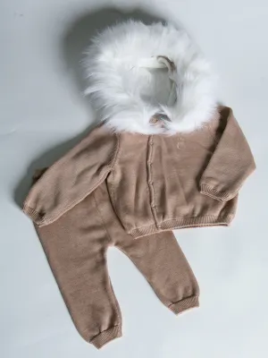 Caramelo Kids Light Brown Knitted Tracksuit with Faux Fur Hood Trim