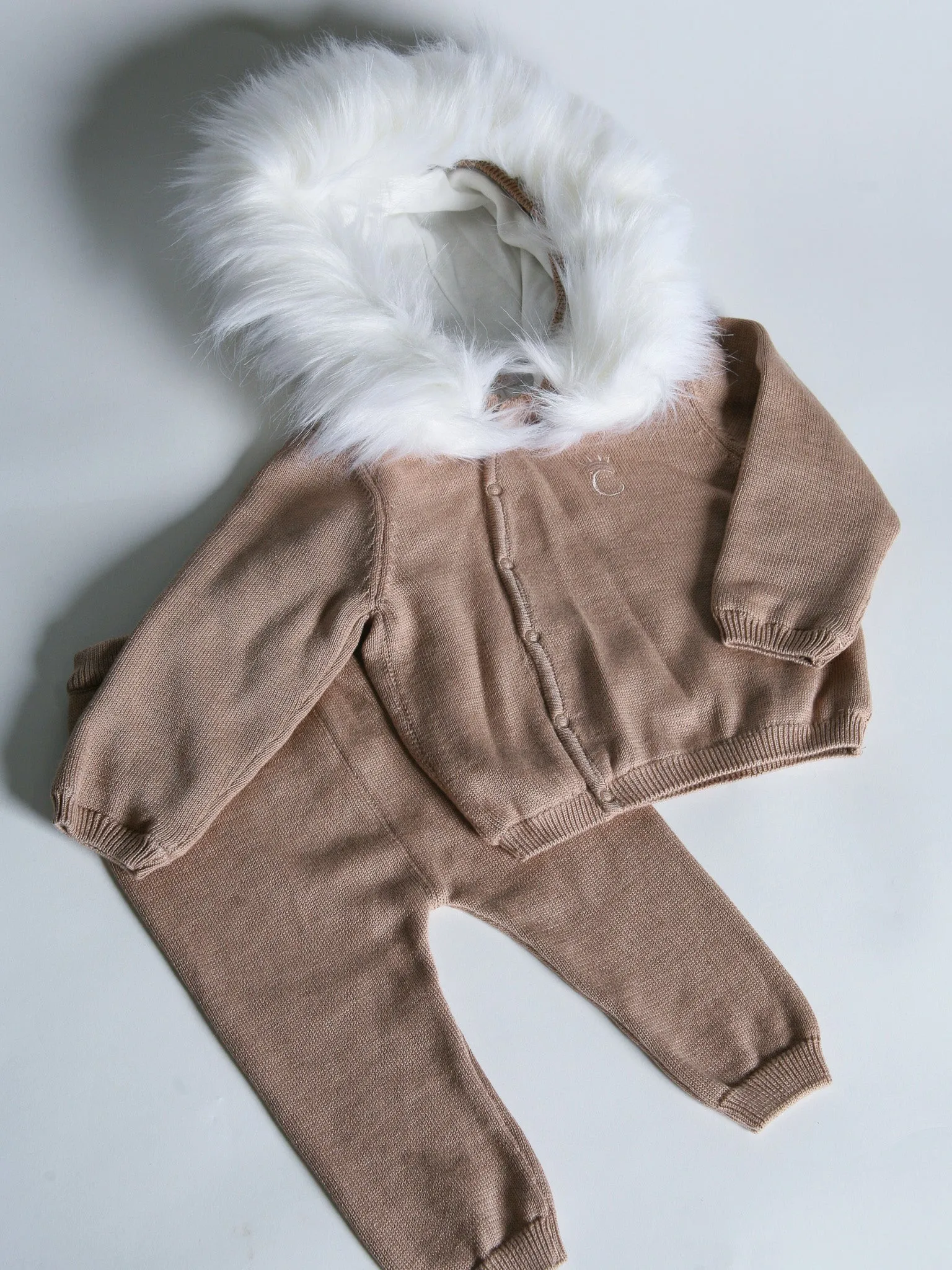 Caramelo Kids Light Brown Knitted Tracksuit with Faux Fur Hood Trim
