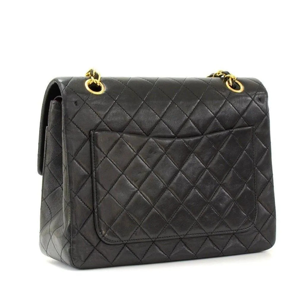 CHANEL 2.55 10" Tall Double Flap Black Quilted Leather Shoulder Bag Vintage