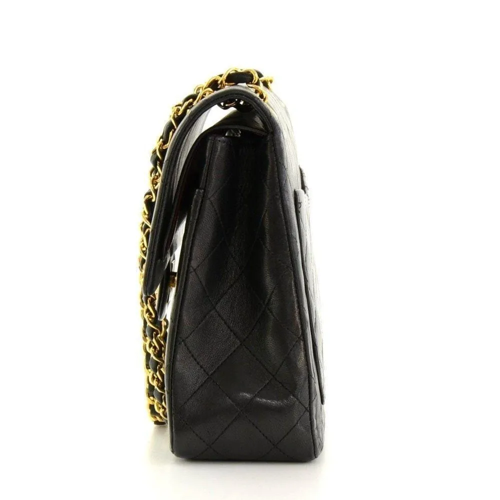 CHANEL 2.55 10" Tall Double Flap Black Quilted Leather Shoulder Bag Vintage