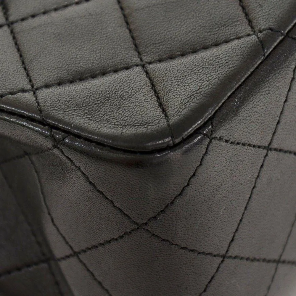 CHANEL 2.55 10" Tall Double Flap Black Quilted Leather Shoulder Bag Vintage