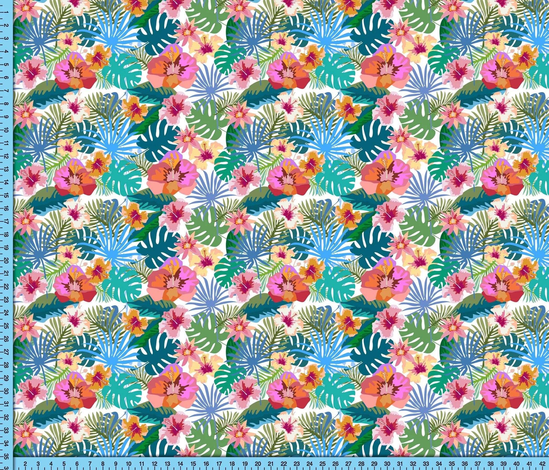 Colorful Tropical Flowers Fabric By The Yard in Blue, Pink and Green Printed on the fabric of your choice
