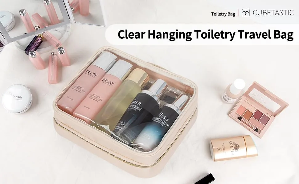 CUBETASTIC Clear Makeup Bags, Travel Make Up Organizer Storage Case, Hanging Toiletry Bag with Zipper Compartment, Small Travel Bag for Toiletries Portable Cosmetic Skincare Pouch with Handle