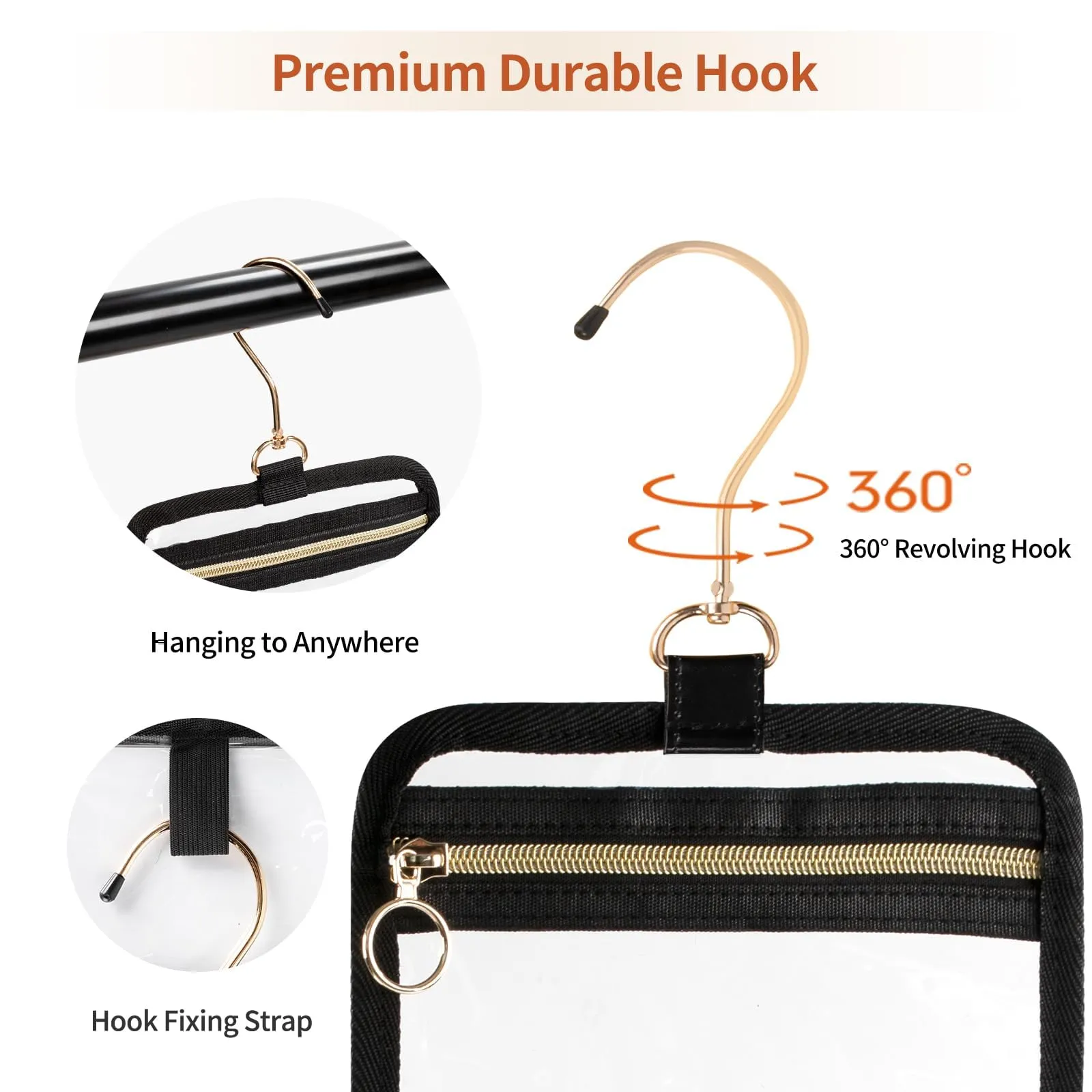 CUBETASTIC Clear Toiletry Bag for Men and Women, Transparent Travel Toiletry Bag with 360° Hanging Hook, Portable Makeup Cosmetic Organizer Case for Travelling Toiletries Accessories