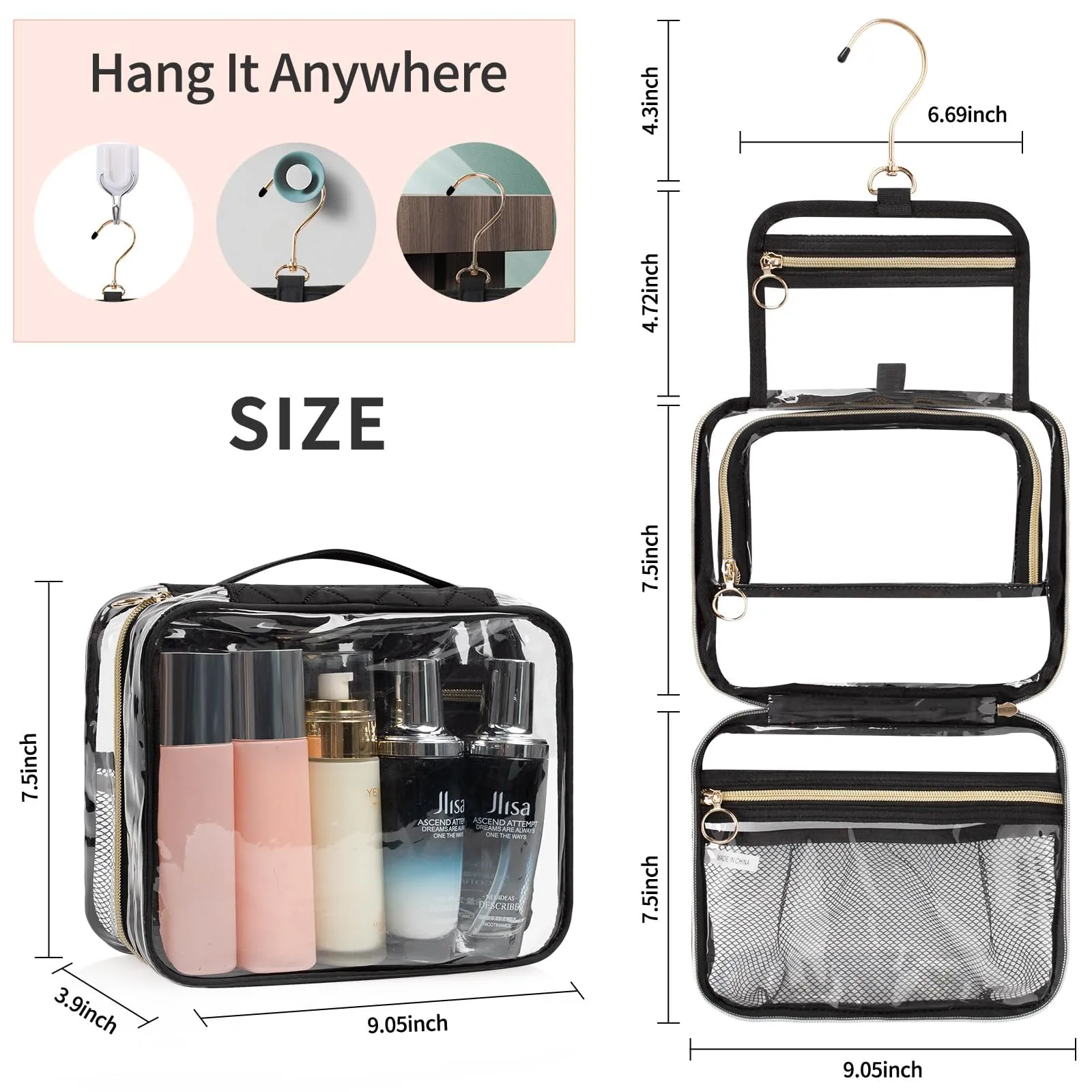 CUBETASTIC Clear Toiletry Bag for Men and Women, Transparent Travel Toiletry Bag with 360° Hanging Hook, Portable Makeup Cosmetic Organizer Case for Travelling Toiletries Accessories