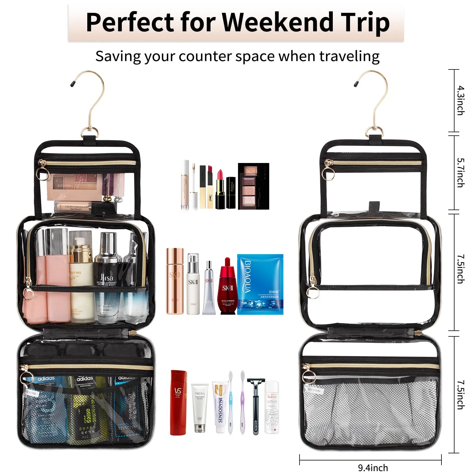 CUBETASTIC Clear Toiletry Bag for Men and Women, Transparent Travel Toiletry Bag with 360° Hanging Hook, Portable Makeup Cosmetic Organizer Case for Travelling Toiletries Accessories