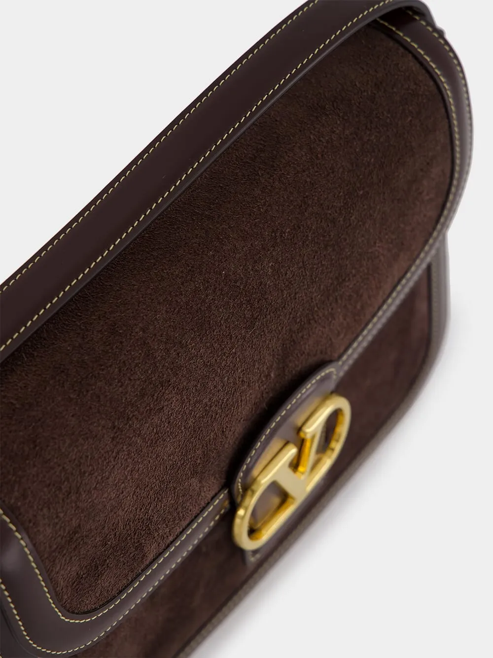 Dark Brown Suede Shoulder Bag with Brass Logo