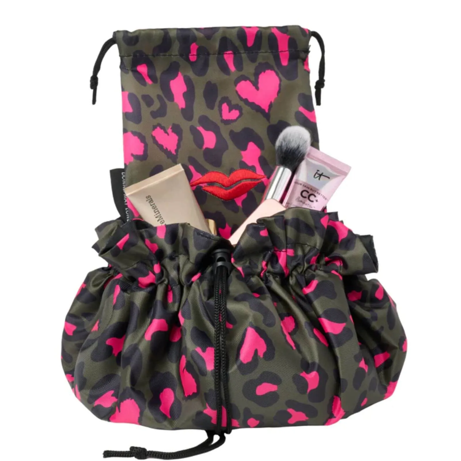 Donna May Drawstring Makeup Bag - Khaki & Pink Leopard