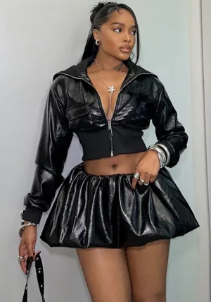 Edgy Faux Leather Cropped Jacket and Skirt Set