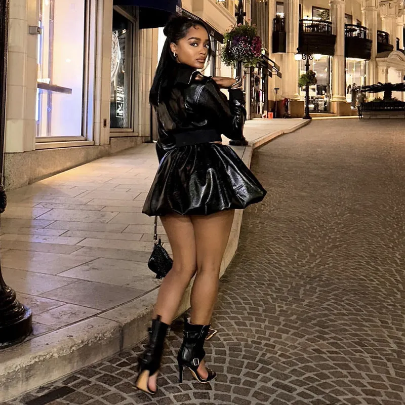 Edgy Faux Leather Cropped Jacket and Skirt Set