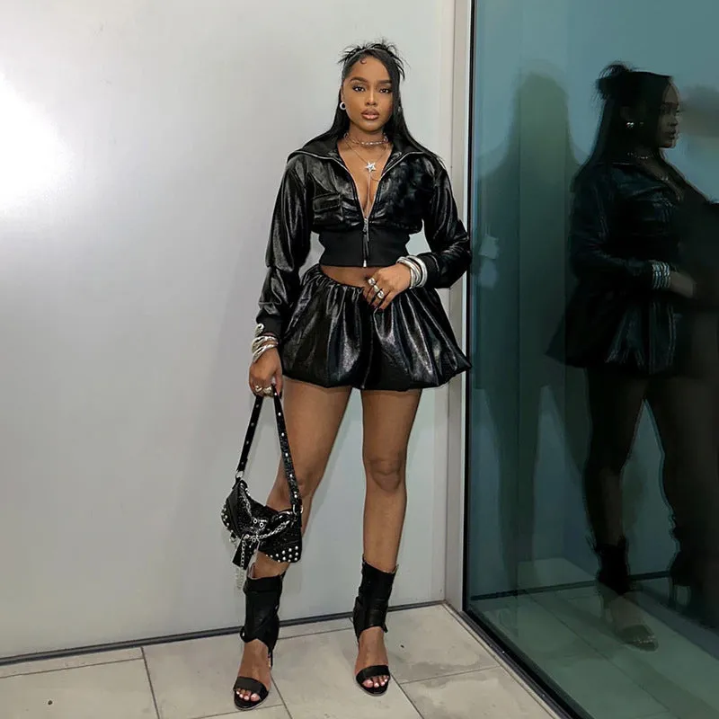 Edgy Faux Leather Cropped Jacket and Skirt Set