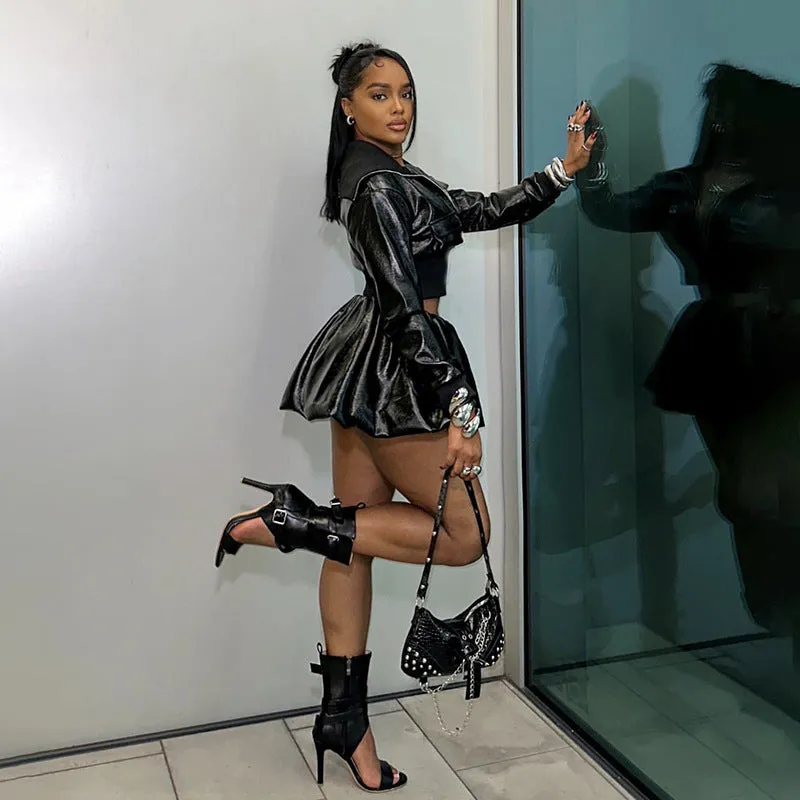 Edgy Faux Leather Cropped Jacket and Skirt Set