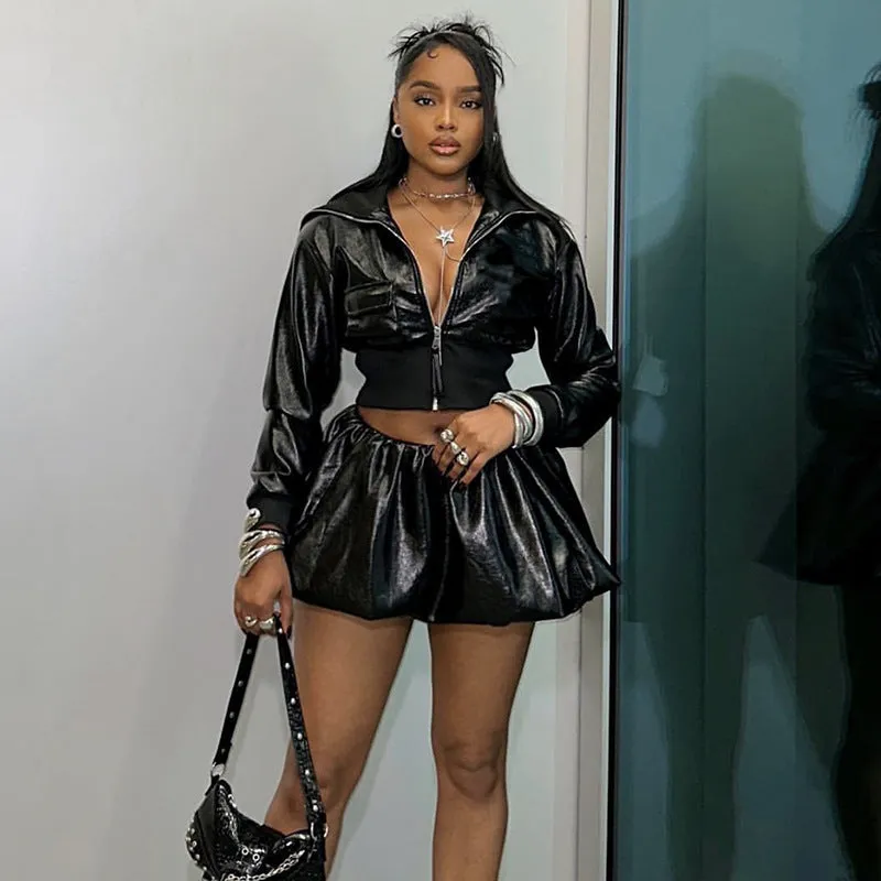 Edgy Faux Leather Cropped Jacket and Skirt Set