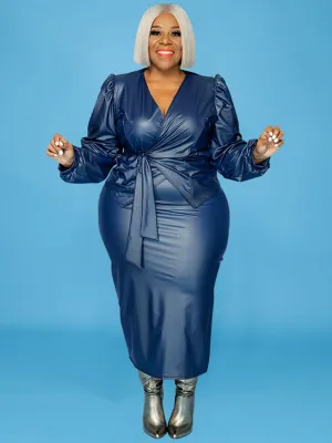Elegant Plus-Size PU Leather Blazer and Skirt Two-Piece Set